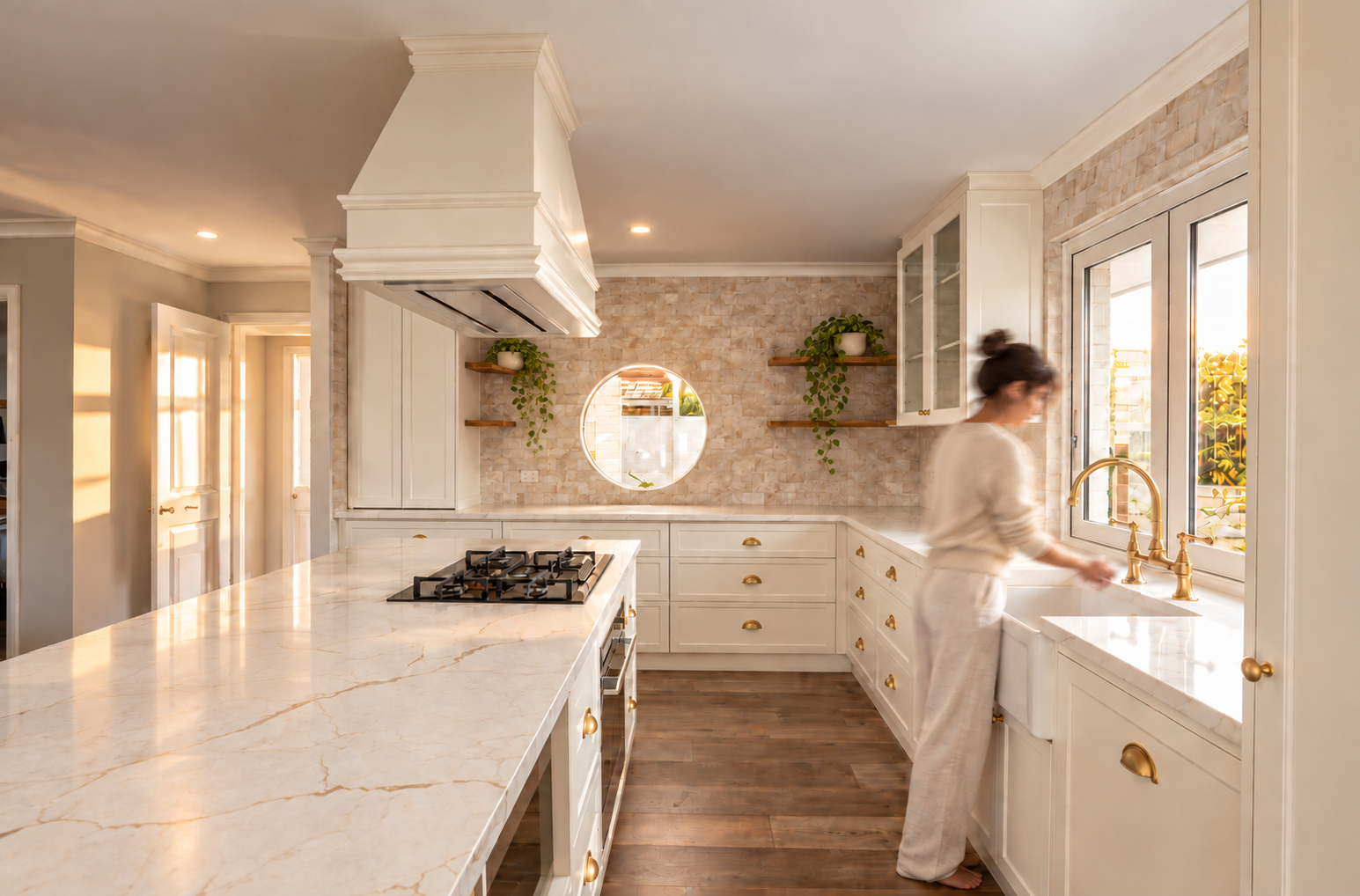 Cream kitchen with brass fittings, stone splashback and trailing shelf plants